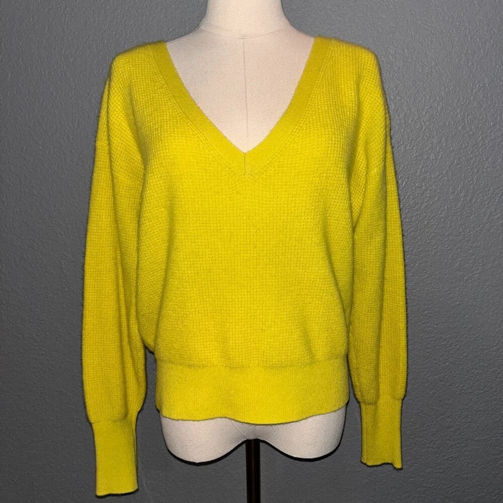 MAEVE by ANTHROPOLOGIE NEON YELLOW CROSS-BACK V-NECK 100% CASHMERE SWEATER EUC S